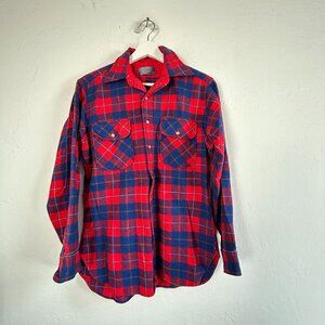 Vintage Pendleton Mens Red Blue Tartan Plaid Wool Button Up Shirt Medium Pockets